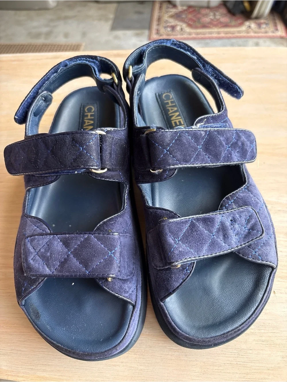 CHANEL Dark Blue Suede Quilted Platform Sandals